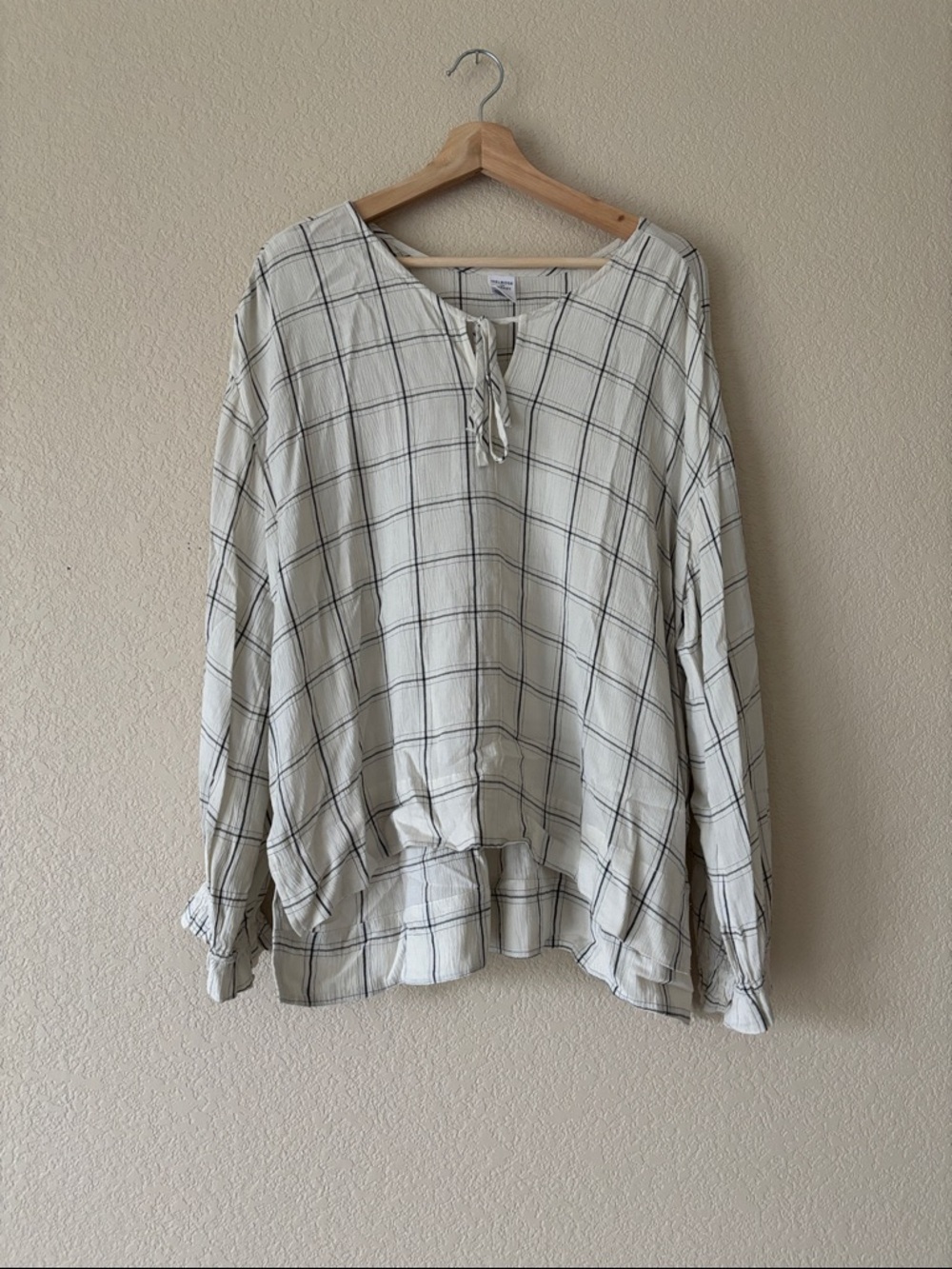 Melrose And Market Cream Plaid Peasant Blouse with Tie Neck